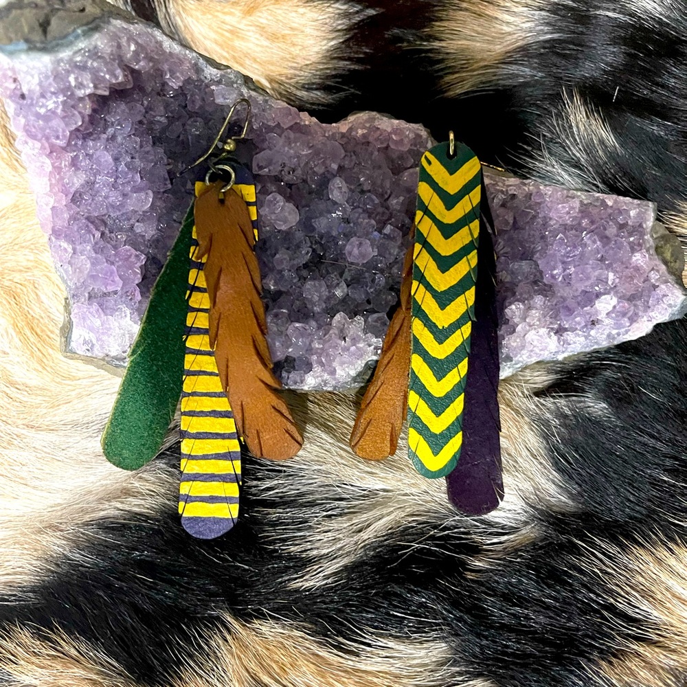 Boho leather deer hide earrings Mardi Gras